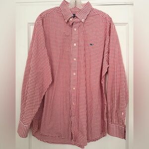 Vineyard Vines red white check whale dress shirt men’s L
